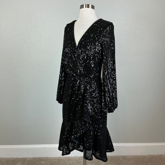 Eliza J Sequined Long Sleeve Fit and Flare Cocktail Dress Sparkly Black Size 6 - Picture 5 of 13